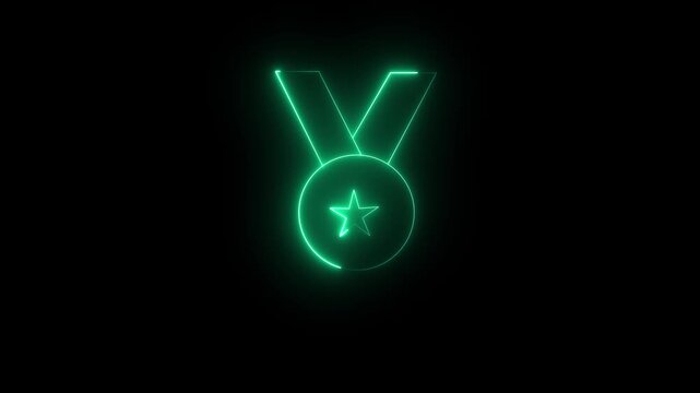 Futuristic Glowing Green Neon Medal Icon with Star Symbolizing Award Achievement Victory First Place Champion Success Concept on Black Background.