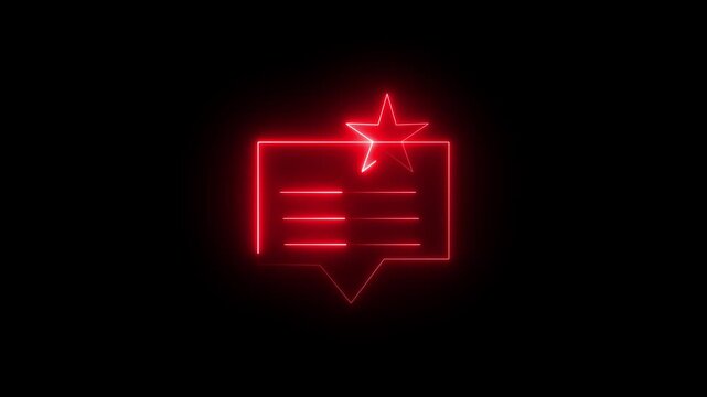 Futuristic Glowing red Neon Speech Bubble Icon with Star Symbolizing Favorite Message Bookmark Review Feedback Chat Concept on Black Background.