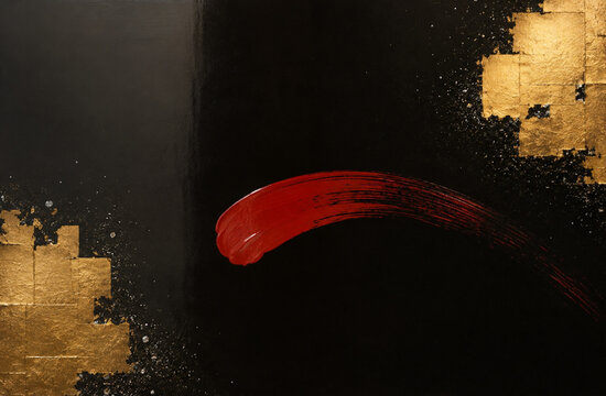 Japanese lacquer art style abstract painting with red brushstroke, gold leaf and silver flakes on black urushi background