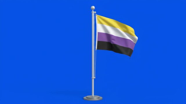 Non-binary pride flag waving on a flagpole against a vibrant blue background, symbolizing gender identity and diversity.