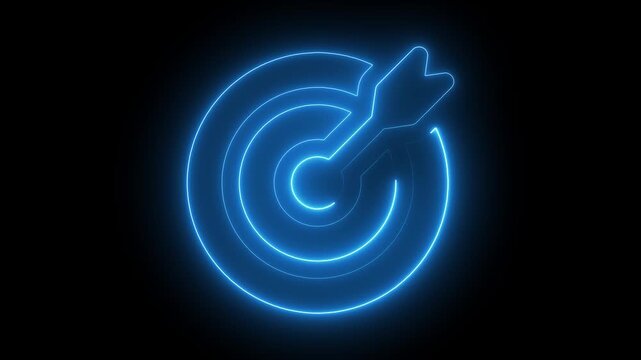 Glowing Neon Target and Arrow Icon on Dark Background, Business Goal, Strategy, Achievement, Marketing and Success Concept.