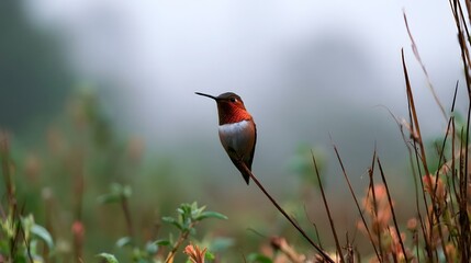 Obraz premium A small hummingbird perches on a thin stem in a soft focus natural setting with misty background and greenery