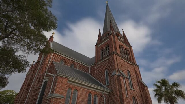 Florida historic church building with steeple under a blue sky
