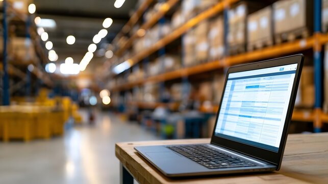 Laptop displaying inventory management software in a large warehouse with tall shelves and bright lighting