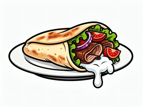 Shawarma wrap filled with sliced meat, lettuce, tomatoes, and garlic sauce resting on a plate.