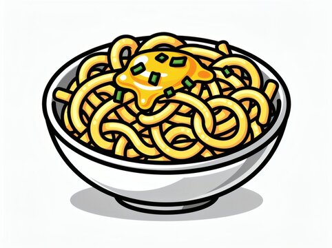 Ramen bowl illustration depicting Japanese noodle soup topped with a soft-boiled egg and chopped green herbs.