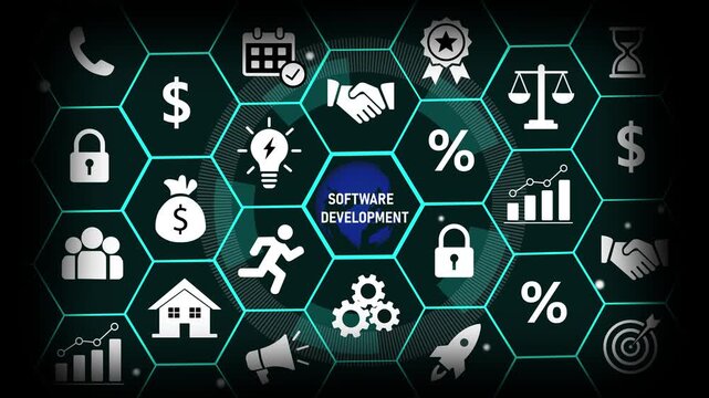 Dynamic software development concept featuring animated hexagonal infographic interface with digital for business growth, technology innovation, corporate strategy, and modern cyber security solutions