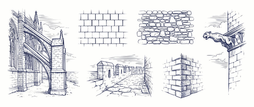 Gothic cathedral stone architecture sketch set featuring gargoyle sculpture, medieval castle fortress battlements, vintage brick masonry wall texture, and ancient historic building elements illustrati