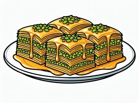 Baklava illustration displays rich layers of flaky pastry filled with chopped nuts and drenched in sweet honey syrup.