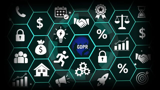 Dynamic gdpr data privacy compliance concept featuring animated hexagonal digital interface with global security cyber protection symbols, and corporate governance for modern business technology