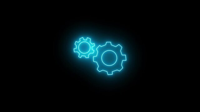 Futuristic bright blue neon gear cog icon set, isolated on black background, symbolizing mechanical system technology, engineering development and setting process concept.