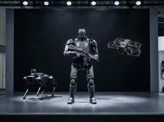 Naklejka premium Squad of multi-purpose AI combat robots consisting of armed humanoid android, robotic support dog and reconnaissance fpv drone. Military robotics technology concept. Digital illustration for poster
