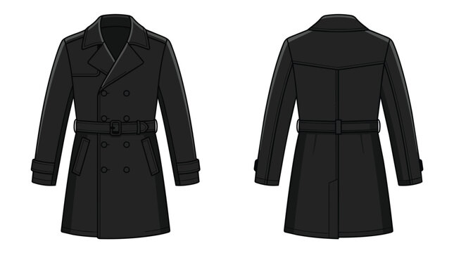 Black Double Breasted Trench Coat Fashion Technical Sketch Front and Back View Mens Outerwear Clothing Template