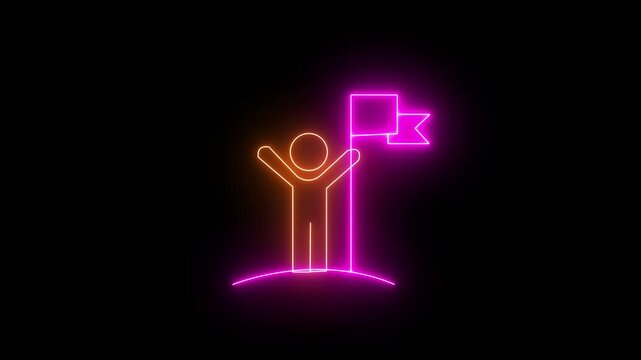 Futuristic Glowing Neon Man Standing on Mountain Peak Holding Flag Symbolizing Success Achievement Leadership Victory Goal Mission Concept on Black Background,