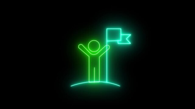 Futuristic Glowing Neon Man Standing on Mountain Peak Holding Flag Symbolizing Success Achievement Leadership Victory Goal Mission Concept on Black Background,