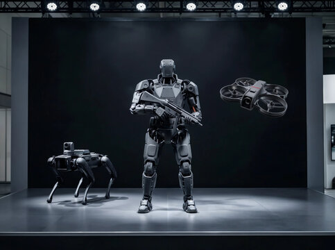 Squad of multi-purpose AI combat robots consisting of armed humanoid android, robotic support dog and reconnaissance fpv drone. Military robotics technology concept. Digital illustration for poster