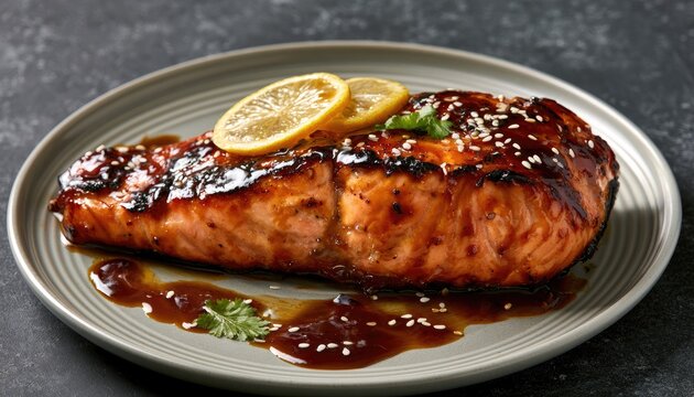 A glazed grilled salmon fillet topped with lemon slices and toasted sesame seeds