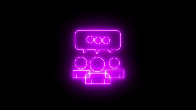 Futuristic Glowing Purple Neon People Group Communication Icon with Speech Bubble Chat Box and Online Discussion Graphic Element on Black Background.