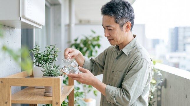 マンションのベランダで観葉植物に水やりをするミドル男性