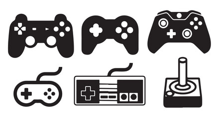 Retro video game controller icons, set of 6 black gaming silhouettes, vintage joystick and gamepad vector graphics © Mariya