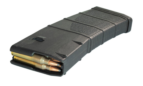 Isolated high-capacity polymer magazine for an AR-15 that is fully loaded