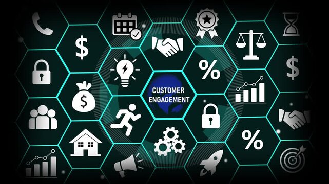 Digital customer engagement concept featuring animated hexagonal infographic representing business growth, marketing strategy, financial success, and global networking connectivity solutions