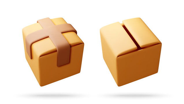 3d render of two brown cardboard boxes sealed with adhesive tape isolated on white background. Delivery package and parcel concept for online shopping, shipping, logistics and e-commerce design