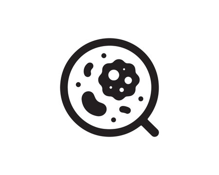 Breast cancer cell illustration with magnifying glass black flat icon on white background