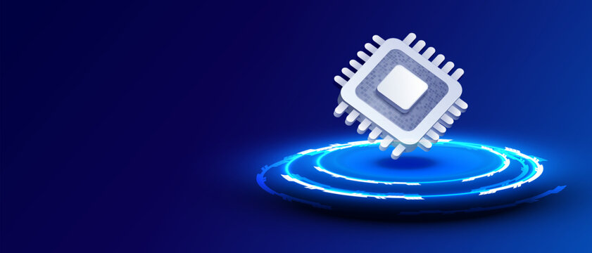 3D CPU processor floating above a glowing futuristic platform, representing computing power, semiconductor technology, artificial intelligence and digital innovation. Vector Illustration.