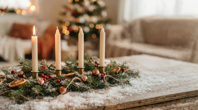 Christmas Eve Ambiance: Four lit candles on a festive Advent wreath with evergreen boughs and ornaments, sitting on a snow-dusted wooden table.