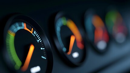Obraz premium Close up of illuminated dashboard gauges with color coded indicators showing performance metrics in a modern vehicle interior