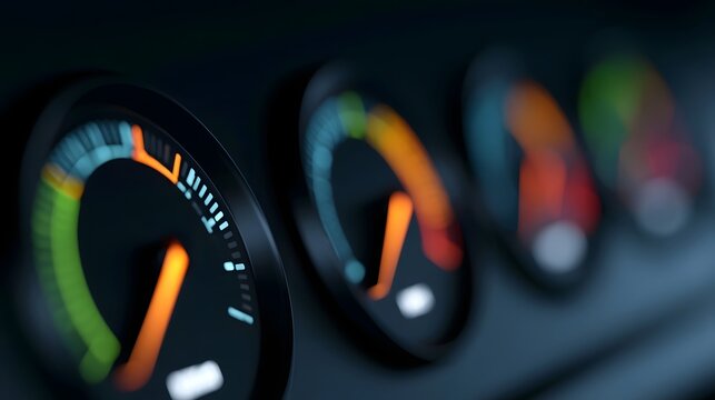 Close up of illuminated dashboard gauges with color coded indicators showing performance metrics in a modern vehicle interior