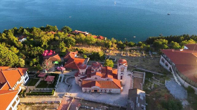 Aerial view of saint panteleimon monastery near lake ohrid in north macedonia at sunset.