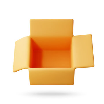 Open empty cardboard box with flaps on white background. 3d vector illustration of parcel container for delivery and packaging. Online shopping order, shipping and logistics concept.