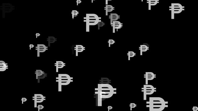 Animation of the Philippine peso currency symbol moving rapidly across a dark screen. Business and enterprise concept, 4K video.