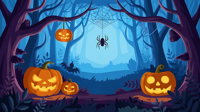 Spooky halloween background with glowing jack o lanterns and a hanging spider in a dark mysterious forest