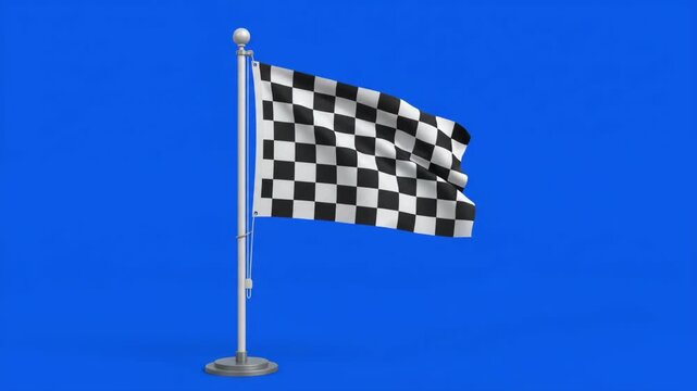 Waving checkered flag on a flagpole against a blue background, symbolizing victory and success.