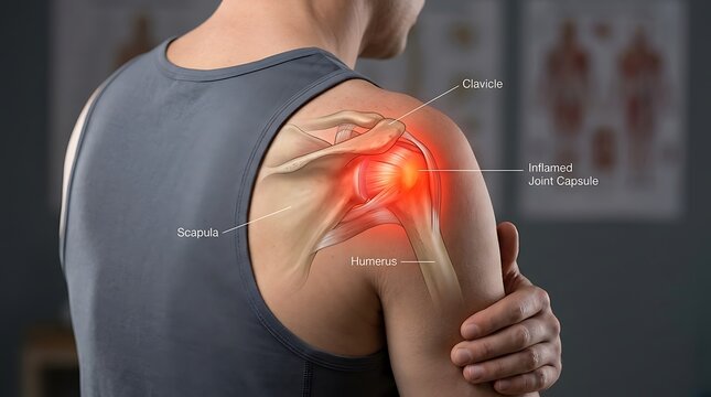 Male patient experiencing acute shoulder pain, highlighted with a detailed anatomical illustration of an inflamed joint capsule for medical educati...