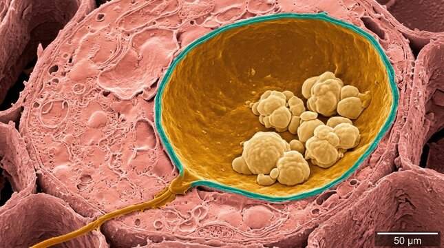 Arbuscular mycorrhizal vesicle inside plant root cortical cell, showing lipid storage organelle within subterranean mycelium, demonstrating world wide web of symbiotic fungi networks.