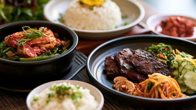 A vibrant spread of Korean dishes including kimchi  grilled meat  rice  and assorted side dishes on a wooden table