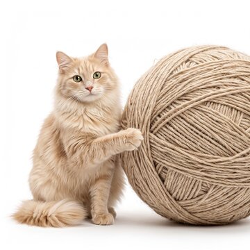 Fluffy ginger cat playing with giant yarn ball, adorable orange tabby feline with wool sphere, cute domestic pet on white background