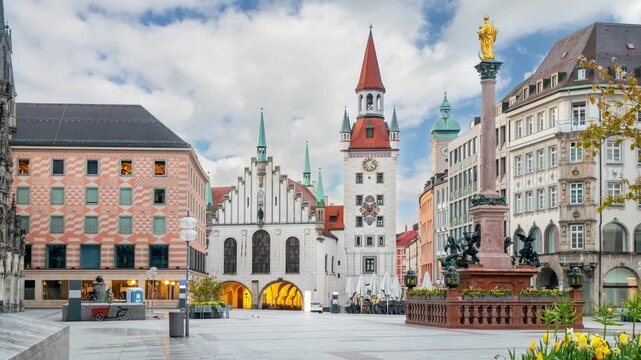 Munich, Germany -  Marienplatz square and historic Town Hall (static image with animated sky)