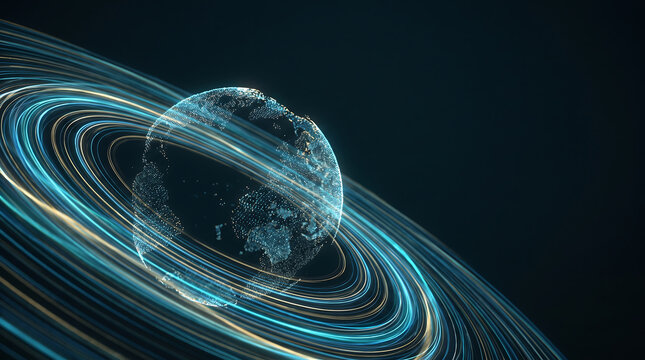 Digital Earth globe with glowing lines representing global data network technology and interconnected communication