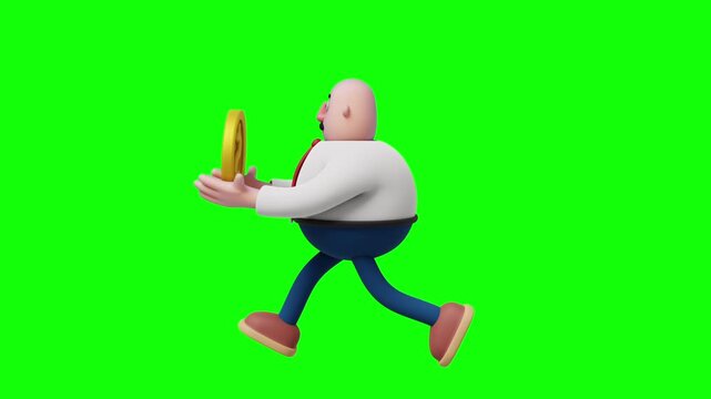 A 3D cartoon illustration of a bald, overweight businessman running in profile view while holding a large gold coin with a dollar symbol