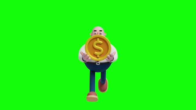 A 3D cartoon illustration of a bald, overweight businessman holding a large gold coin with a dollar sign in front of his face
