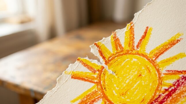 A torn drawing of a bright sun on textured paper illustrates emotional separation and divorce, symbolizing a broken relationship with a warm and expressive crayon art style