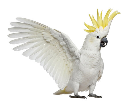 Sulphur crested cockatoo with wings spread on transparent background