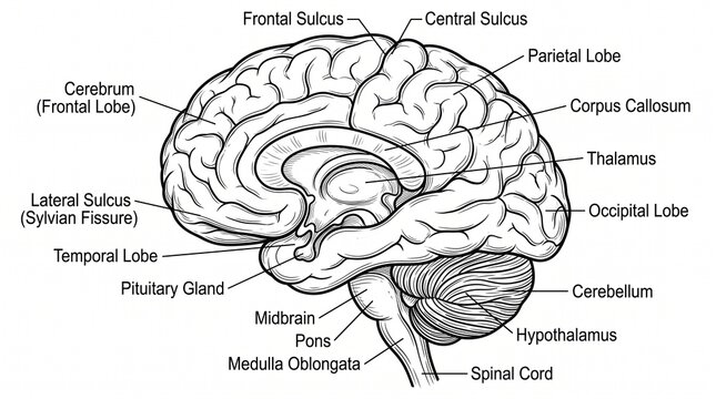 Detailed anatomical diagram of the human brain with labeled parts
