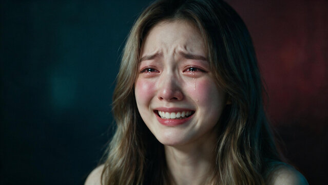 Young Asian woman crying with strained smile, tearful eyes and emotional anguish, portraying painful contrast between happiness and sorrow