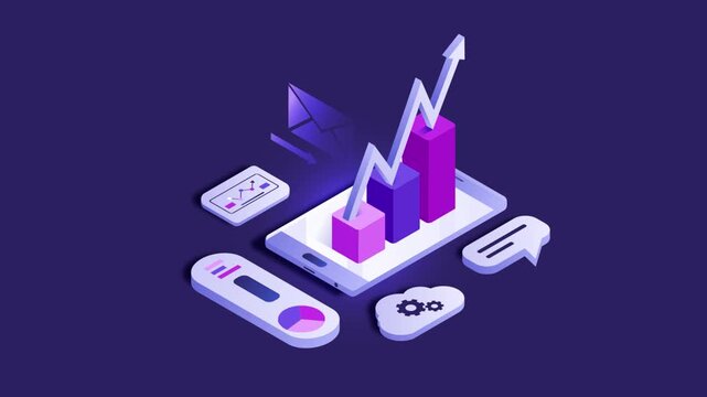 Isometric illustration of a smartphone displaying a growing bar graph with an upward arrow, surrounded by various business and technology icons against a deep purple background